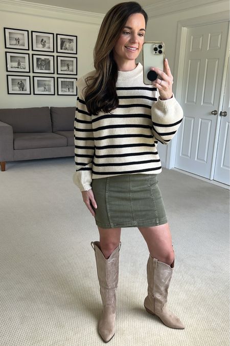 Amazon stripe sweater size s
Boots from target
Skirt is old but linked a few similar 

#LTKfindsunder50