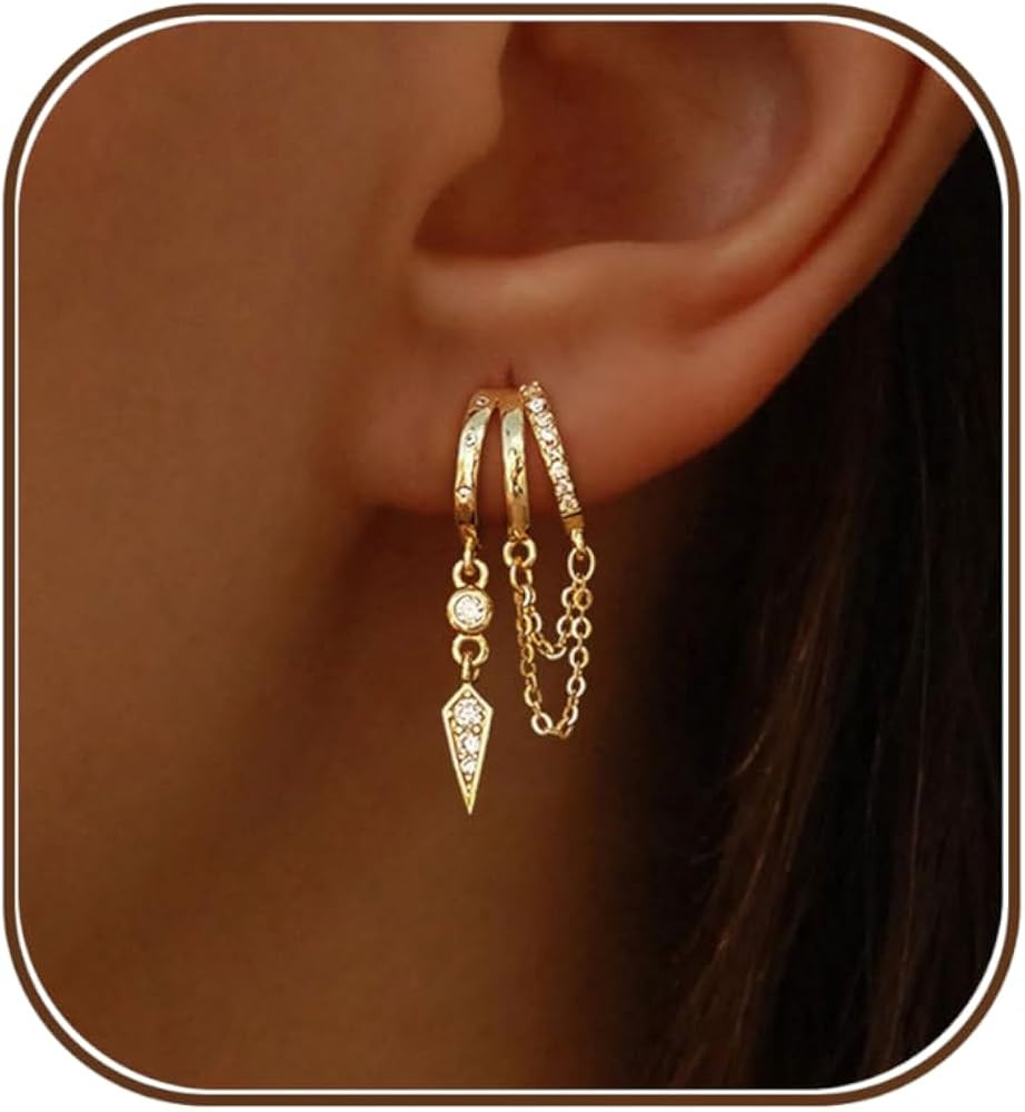 Dangle Earrings for Women,14k Gold Plated Triple Huggie Stud Earrings Cute Statement Chain Earrin... | Amazon (US)