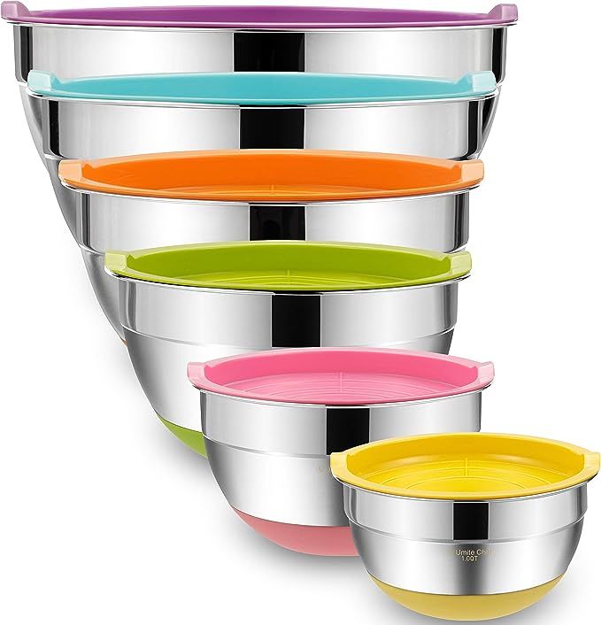 Mixing Bowls with Airtight Lids, 6 piece Stainless Steel Metal Bowls by Umite Chef, Measurement M... | Amazon (US)