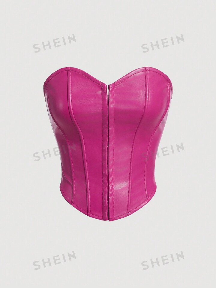 SHEIN MOD Women's Pu Leather Strapless Date Night Waist Shaping Breast Cup Top | SHEIN