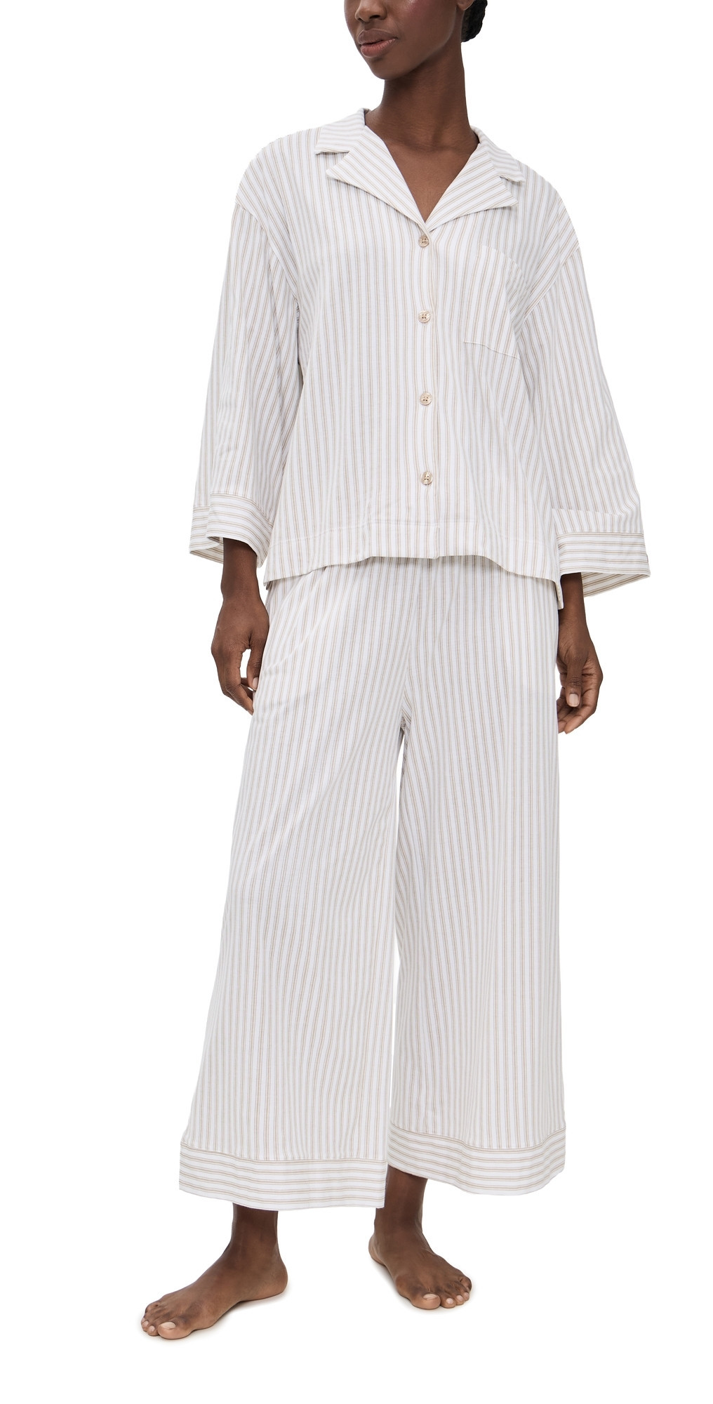 Petite Plume Pima Olivia Pajama Set in Camel Ticking Stripe Camel XL | Shopbop