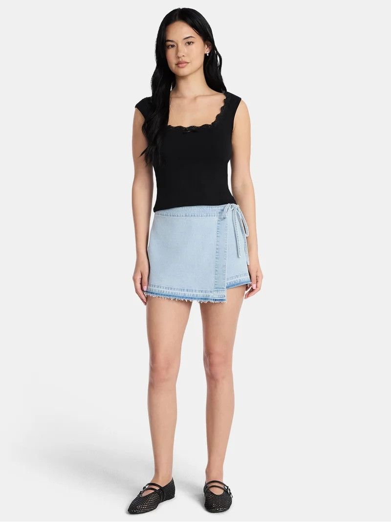 Madden NYC Women\u2019s Asymmetrical Wrap Denim Skort, Sizes XXS-XXL | Walmart (US)
