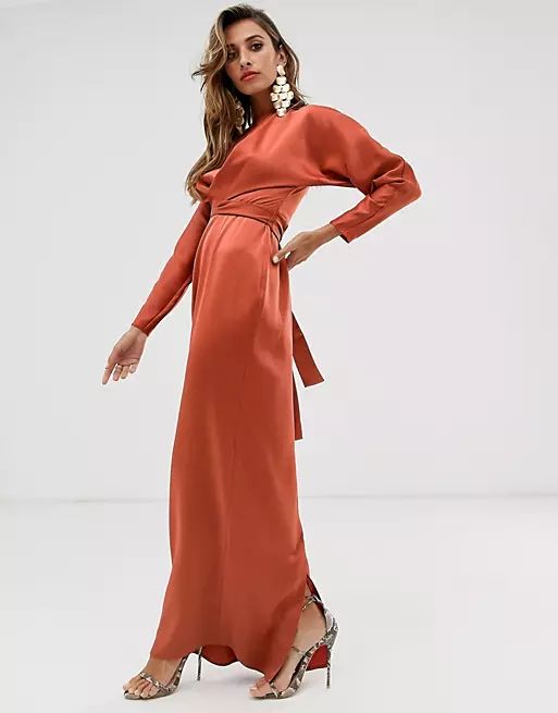 ASOS DESIGN satin maxi dress with batwing sleeve and wrap waist in rust | ASOS | ASOS (Global)