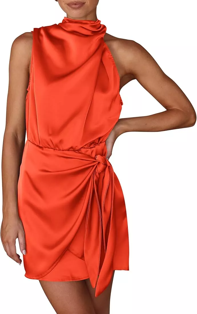 Orange satin halterneck wrap bodycon outlet dress