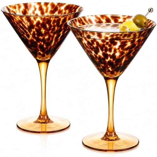 Tortoise Leopard Print Martini Glasses Set of 2 | 9oz Borosilicate Spotted Cocktail Goblet Stemware | Vintage Amber Animal Pattern Barware, Elegant Wedding Party & Home Bar Gift Decor for Men & Women | Amazon (US)