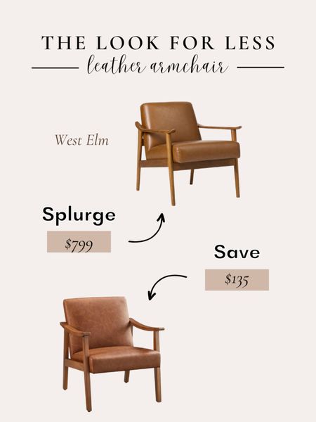Get the look for less! This mid-century faux leather armchair is inspired by the West Elm lookalike. Perfect for any living room or accent chair. #westelm #getthelookforless #lookforless #westelminspired #splurge #save #livingroom #accentchair #westelmdupe 