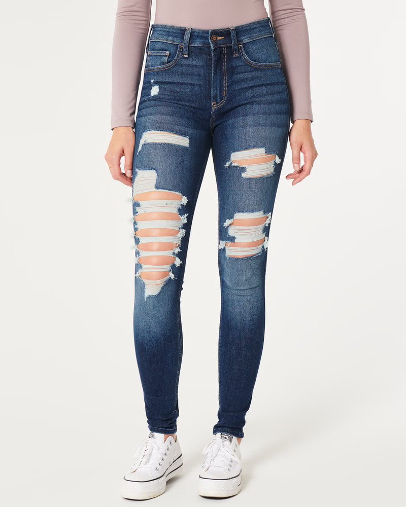 Women's High-Rise Ripped Medium Wash Super Skinny Jeans | Women's Bottoms | HollisterCo.com | Hollister (US)