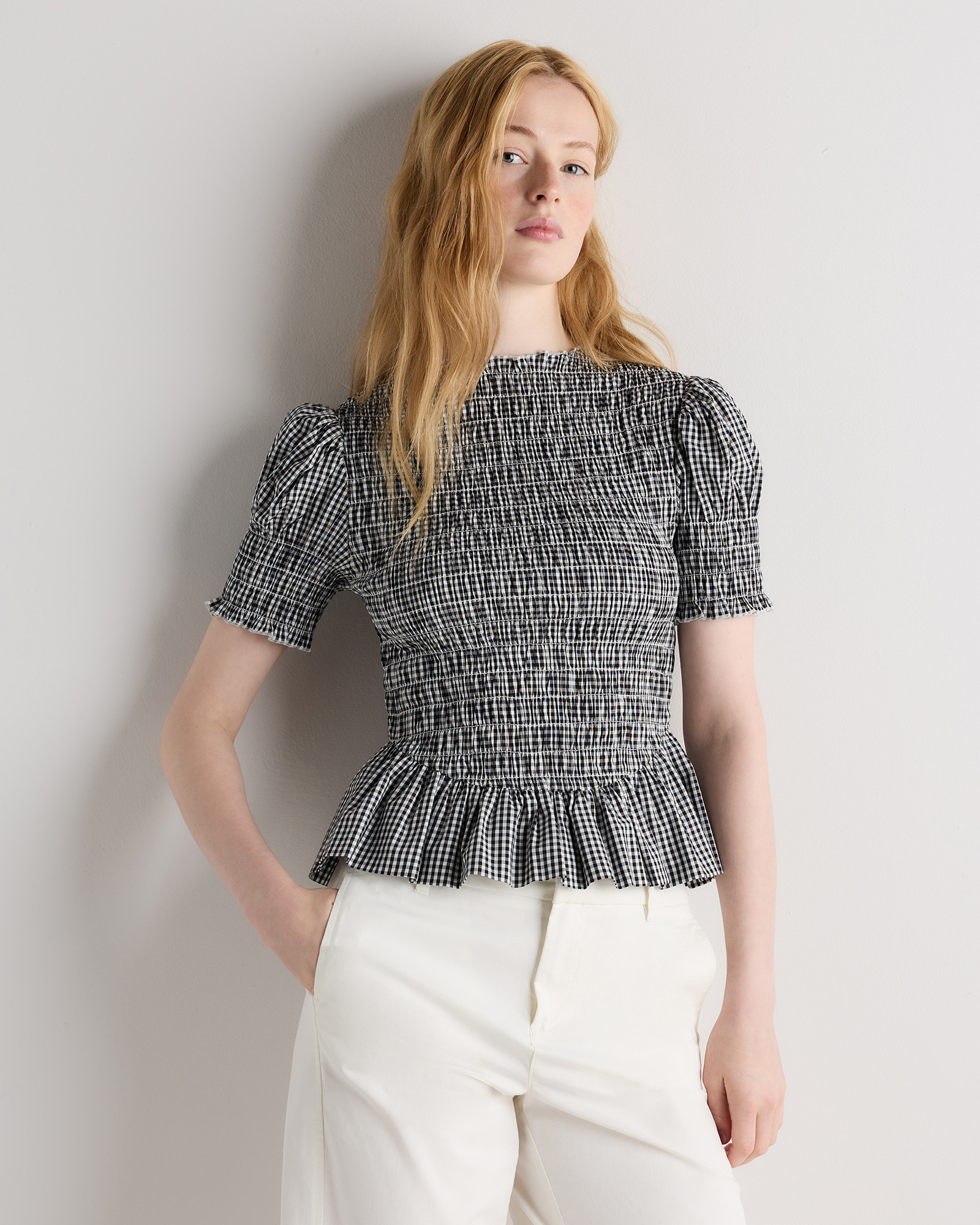 Quince | Women's Cotton Viscose Voile Smocked Peplum Top in Classic Mini Gingham, Size Large | Quince