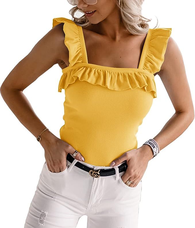 Womens Cute Sleeveless Tank Tops Ruffle Strap Square Neck Blouse Solid Color Knitted Camisole | Amazon (US)