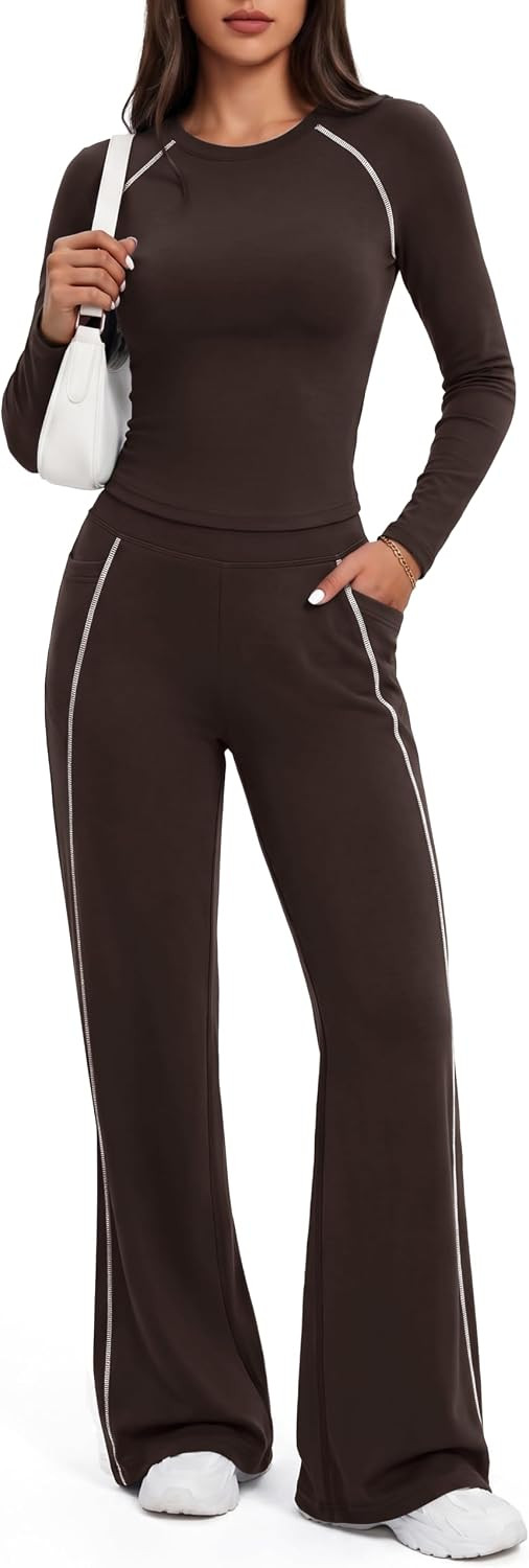 Women's 2 Piece Set With Long Sleeve Top And High Waist Flare Pants | Amazon (US)