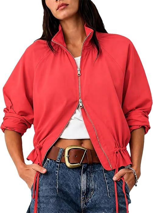 Womens Stripe Bomber Jacket Funnel Stand Collar Cropped Autumn Coat | Amazon (US)