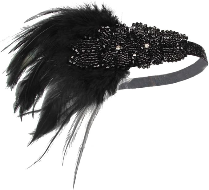1920s Flapper Headband for Women Black Feather Gatsby Headpiece for Costume Elastic 20s Feather H... | Amazon (US)