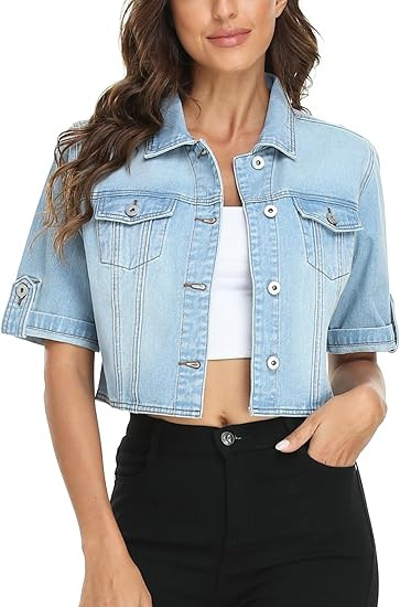 MISS MOLY Women's Cropped Denim Jackets Summer Short Sleeve Classic Casual Jean Jackets | Amazon (US)