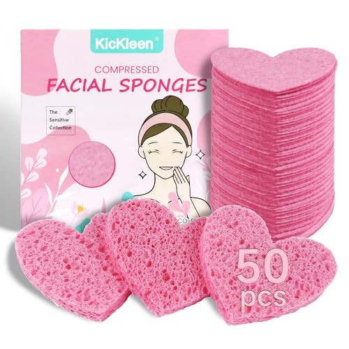 50-Count Kickleen Compressed Cellulose Heart Shape Facial Sponges | Natural Cosmetic Spa Sponges for Facial Cleansing | Exfoliating | Makeup Mask Removal | Reusable | Skin Massage (50 Count (Pink)) | Amazon (US)