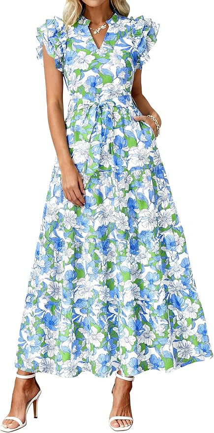 dowerme Women Summer Maxi Dresses 2026 Ruffle Sleeve V Neck Floral Boho Long Dress Belted Tiered ... | Amazon (US)