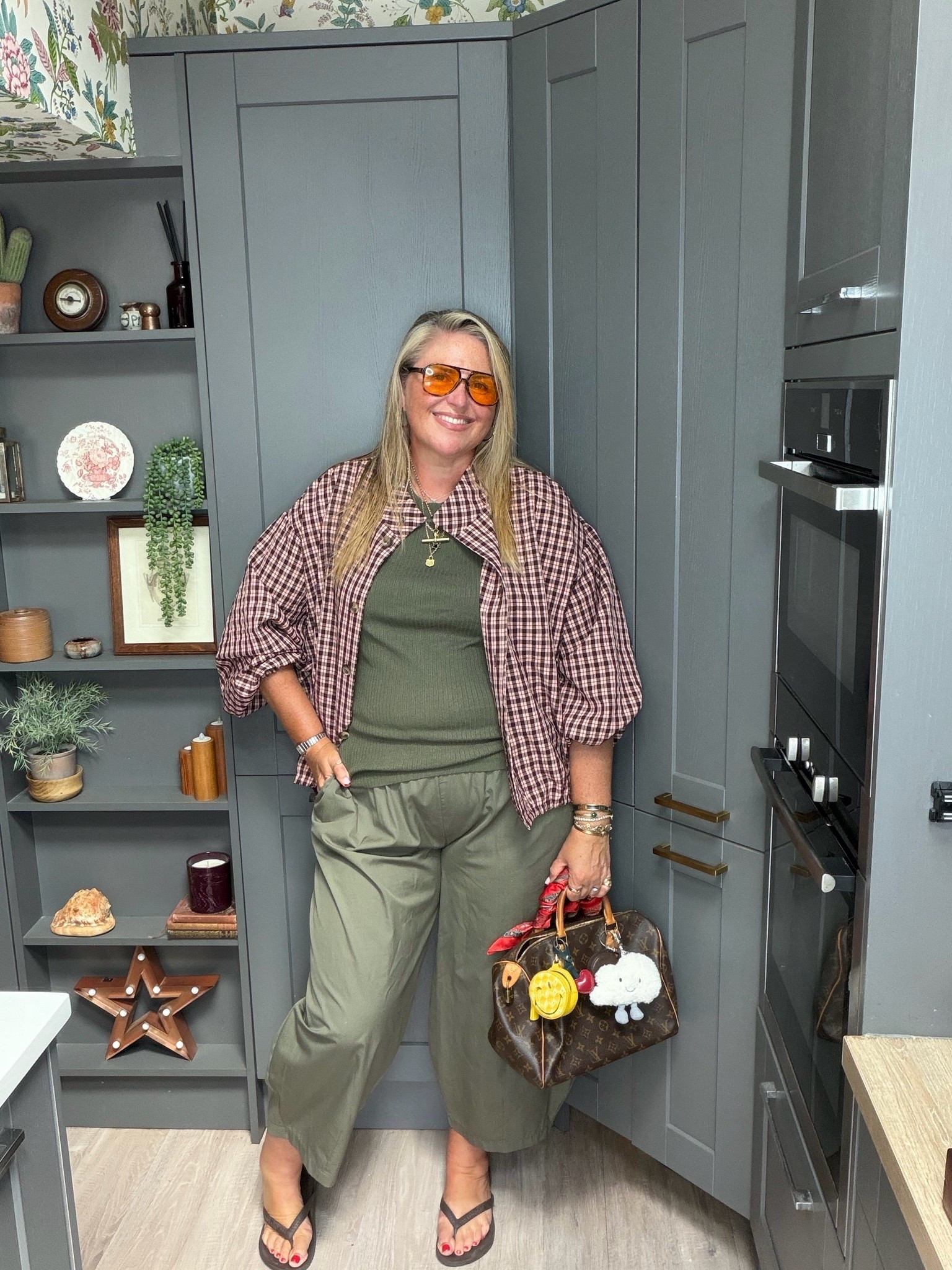 Khaki trousers, khaki vest, brown flip flops, pink check jacket, sunglasses, brown tote bag

#LTKautumn #LTKplussize #LTKstyletip