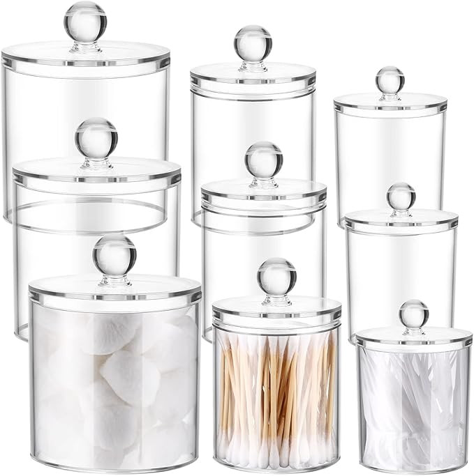 9 Pack Acrylic Holder Dispenser Plastic Apothecary Jars with Lids for Cotton Ball, 10/22/39 oz Cl... | Amazon (US)