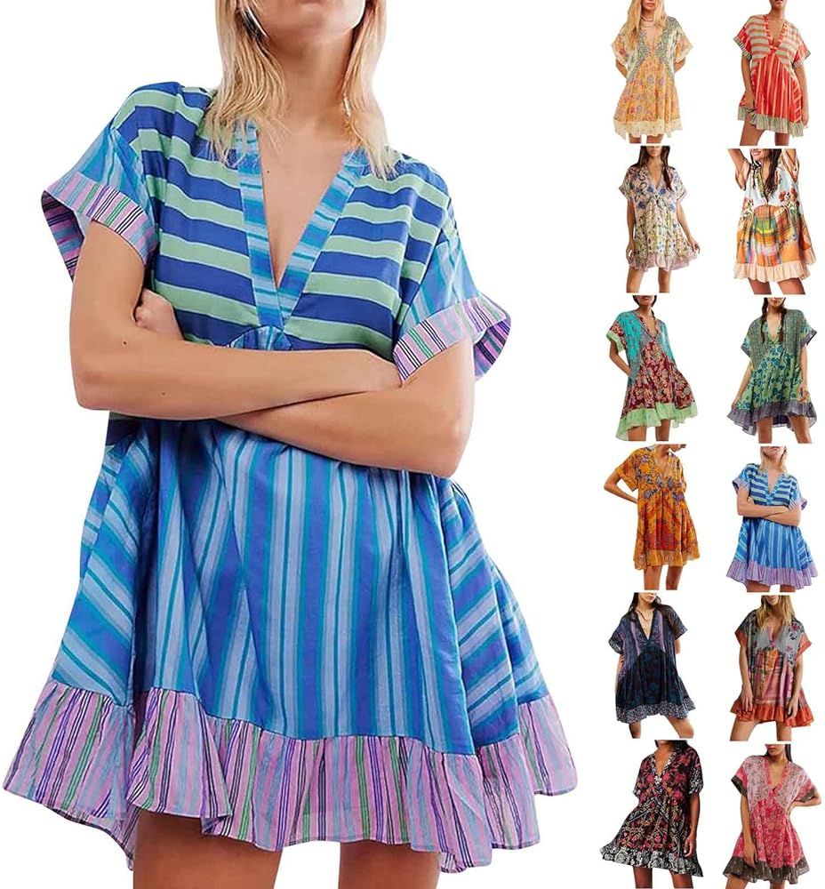 Boho Dresses for Women 2024 Casual Boho Printing V-Neck Short Sleeve Patchwork Dress Y2k Summer O... | Amazon (US)