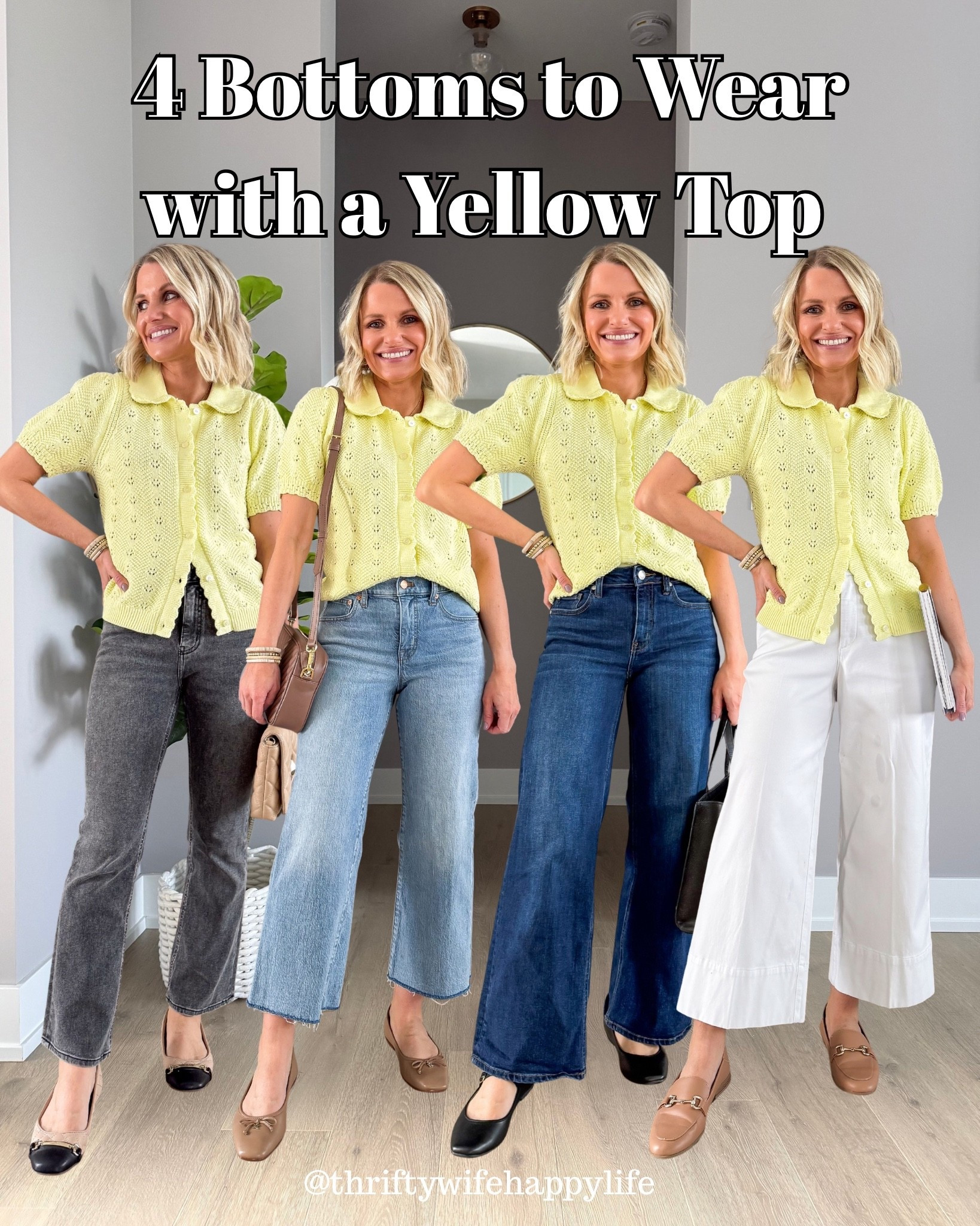 4 bottoms to wear with a yellow top! I’m loving this yellow cardigan from Walmart. These bottoms are the perfect neutral bottom colors to pair with the bright yellow! 💛
Cardigan- xsmall
Gray jeans- 25/26”
Light wash denim jeans- 25/petite
Dark wash jeans- 25/28”
White pants- xsmall/petitee

#LTKOver40 #LTKSeasonal #LTKPetite