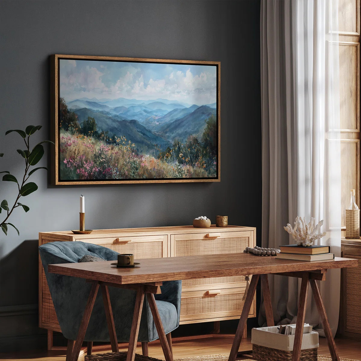 Serene Blue Mountain Landscape with Wildflowers Scenic Framed Print Wall Art | Wayfair North America