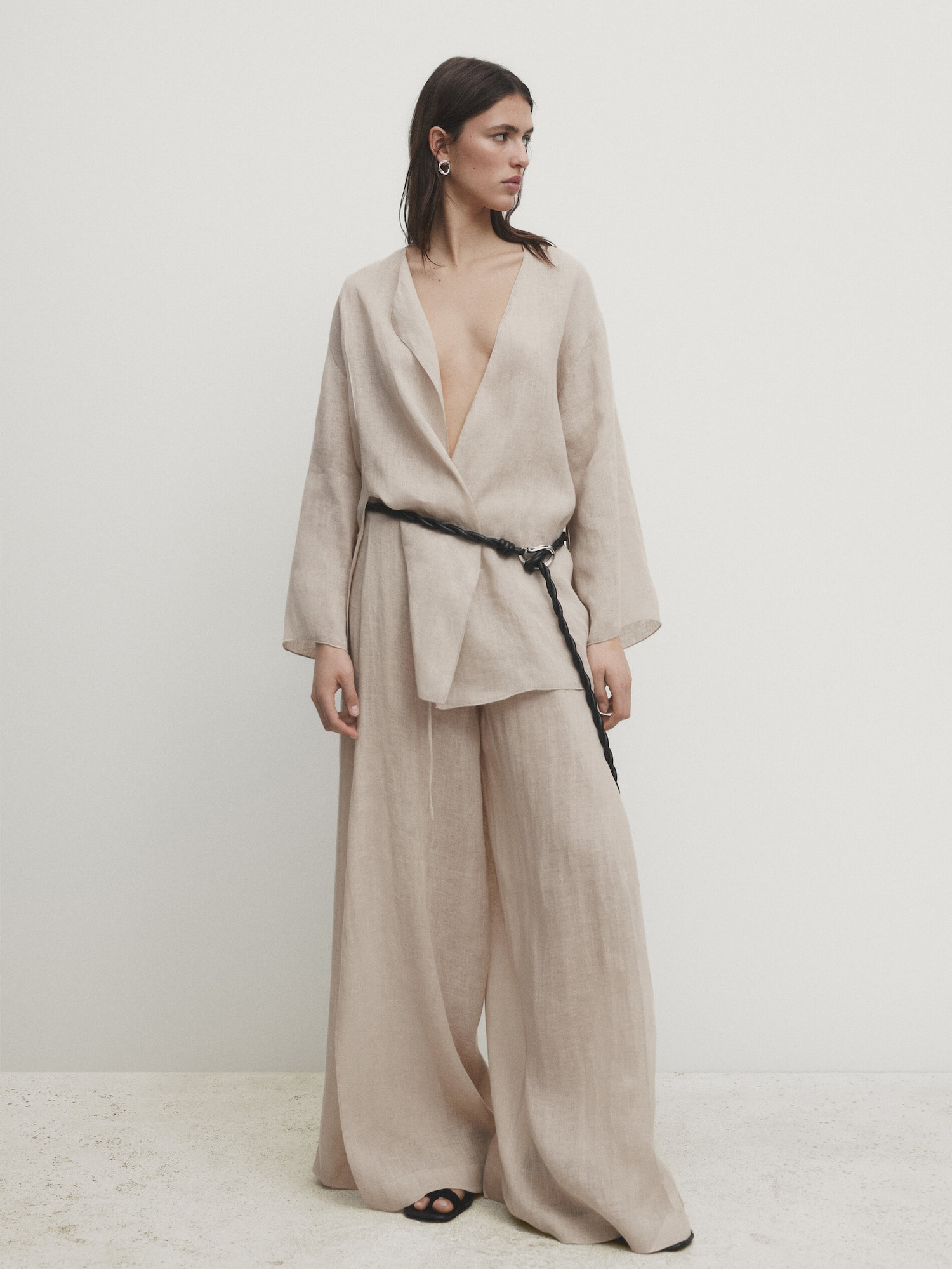100% linen flowing crossover kimono with vent details - Massimo Dutti | Massimo Dutti US