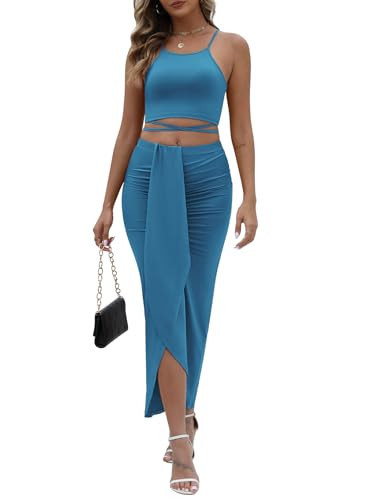 HUUSA Teens Summer Club Slit Maxi Skirt Set Fashion Slim Bodycon Sheath Pencil Dresses Sleeveless Spaghetti Strap Backless Crewneck High Waist 2 Piece Long Dress Set with Thigh High Slit Light Blue S | Amazon (US)