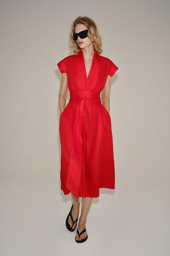 Zara - Zw Collection Midi Linen Dress - Red - Xs - Woman | Zara Canada