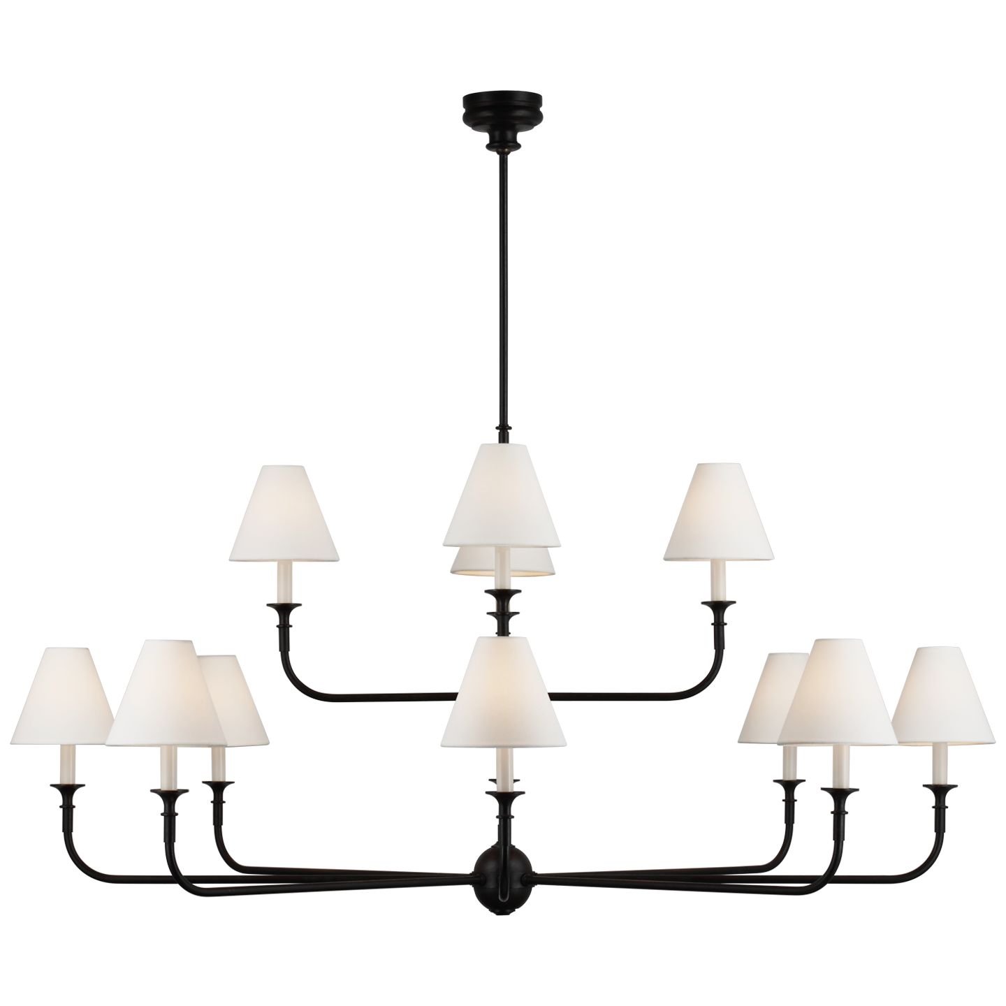Piaf Grande Two-Tier Chandelier in Aged Iron and Ebonized Oak with Linen Shades | Visual Comfort