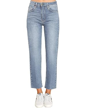 KDF Women's Cropped Straight Leg Jeans - High Waisted Jeans for Women 7/8 Length Denim Pants with... | Amazon (US)