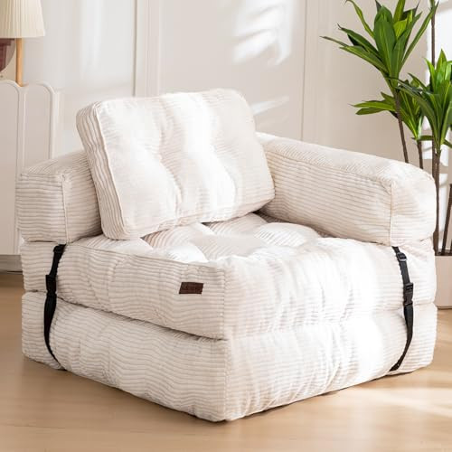 MAXYOYO Folding Sofa Bed, L-Shaped Convertible Sofa Foldable Sleeper Couch with Pillow, Portable Fold Out Chair Bed with Armrest Comfy Floor Lounge for Living Room Bedroom, Beige | Amazon (US)