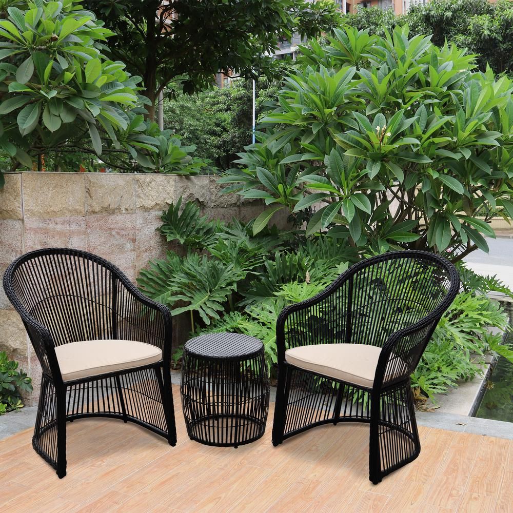 Maypex Black 3-Piece Wicker Outdoor Conversation Set with Beige Cushions | The Home Depot
