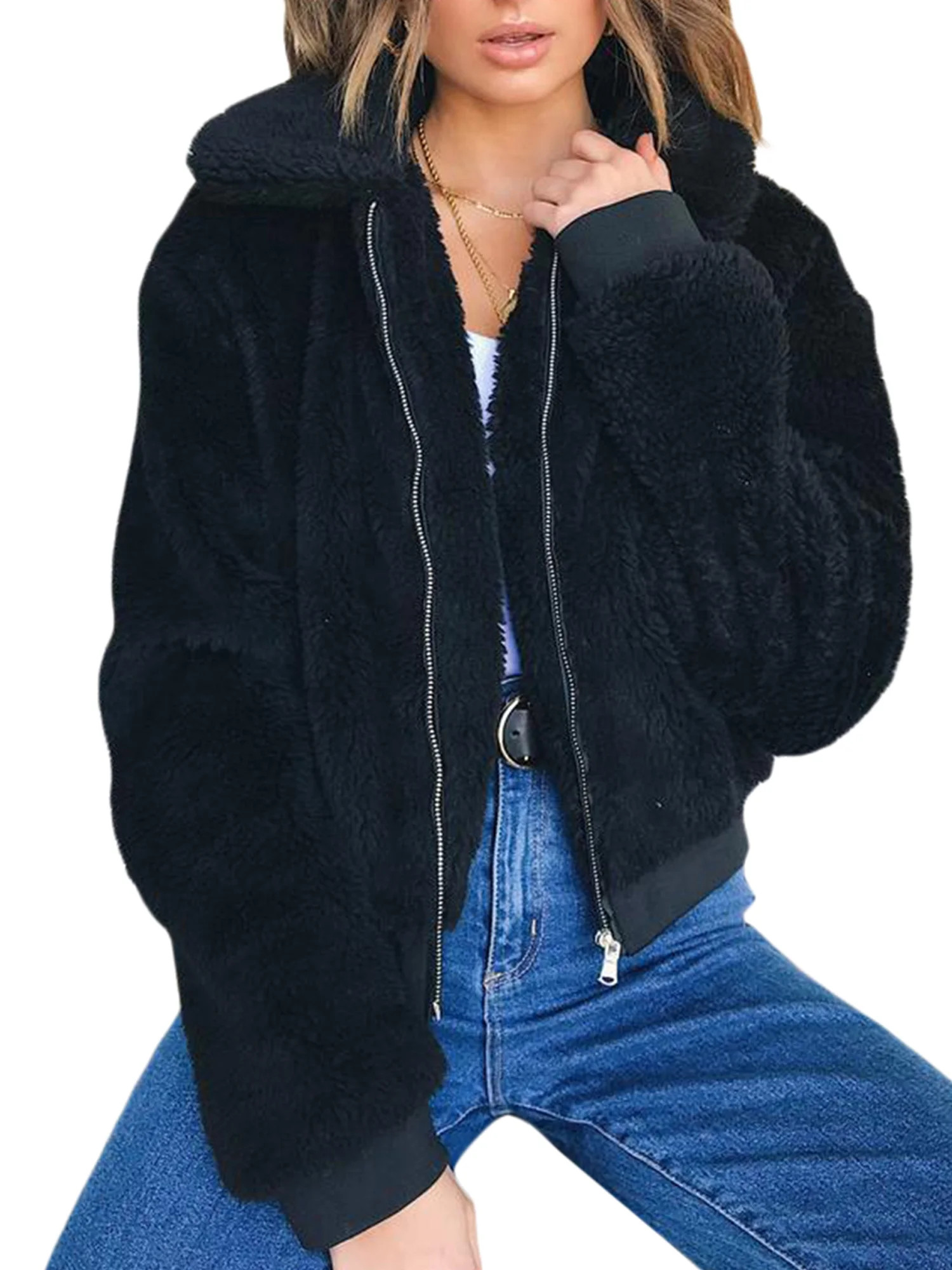 Womens Thick Warm Teddy Bear Pocket Fleece Jacket Coat Zip Up Outwear Overcoat | Walmart (US)