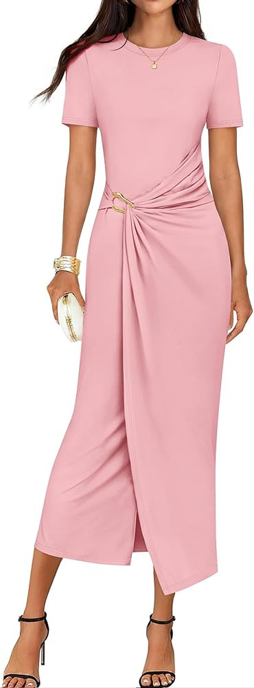 ZESICA Women's 2026 Summer Short Sleeve Bodycon Midi Dress Crewneck Ruched Split Wedding Guest Co... | Amazon (US)