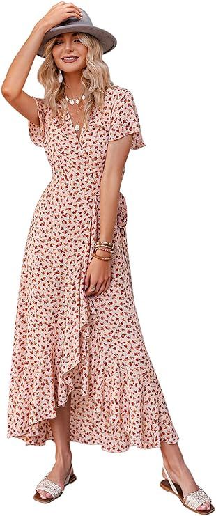 BerryGo Women's Long Sleeve Wrap Ruffle Belted Dress Boho V Neck Maxi Dress | Amazon (US)