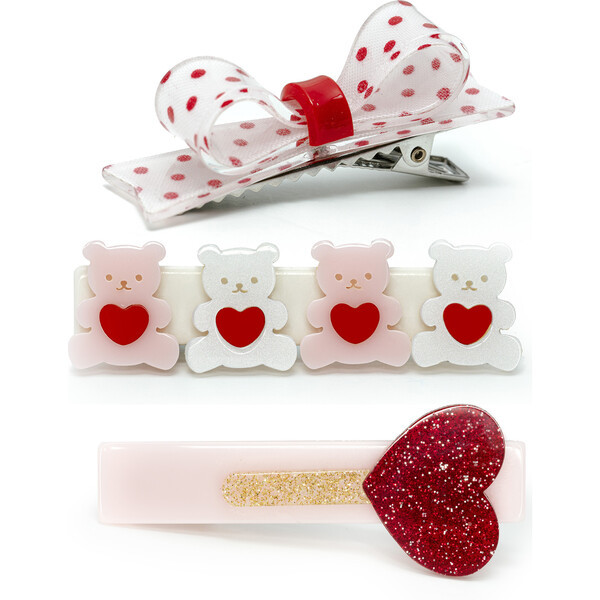 Cute Bears Heart Lollipop And Bow Hair Clips, Red, Pink & White (Set Of 3) | Maisonette