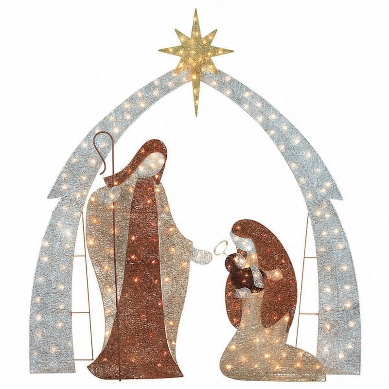 Set of 3 Pre-Lit Glittered Thread Nativity Scene | At Home