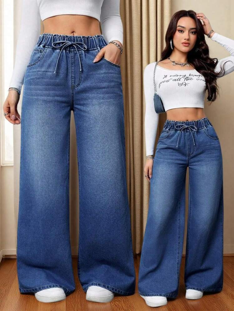 Jeans De Pierna Ancha Casual Para Mujer, Cintura Con Cordón, Bolsillos Largos, Cierre Con Cremallera, Tela Elástica Media, Primavera | SHEIN