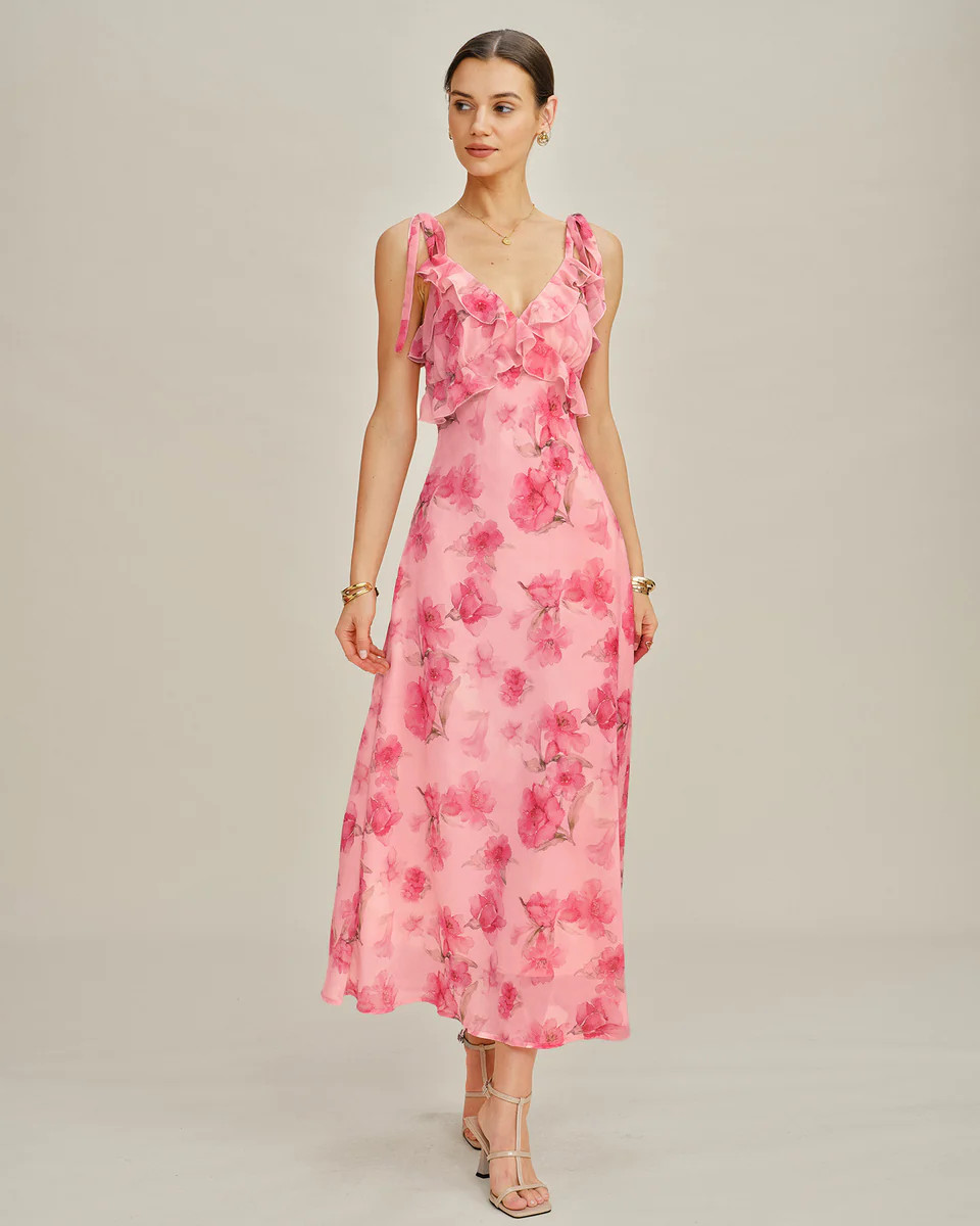 Pink Floral Ruffle Slip Chiffon Maxi Dress | rihoas.com