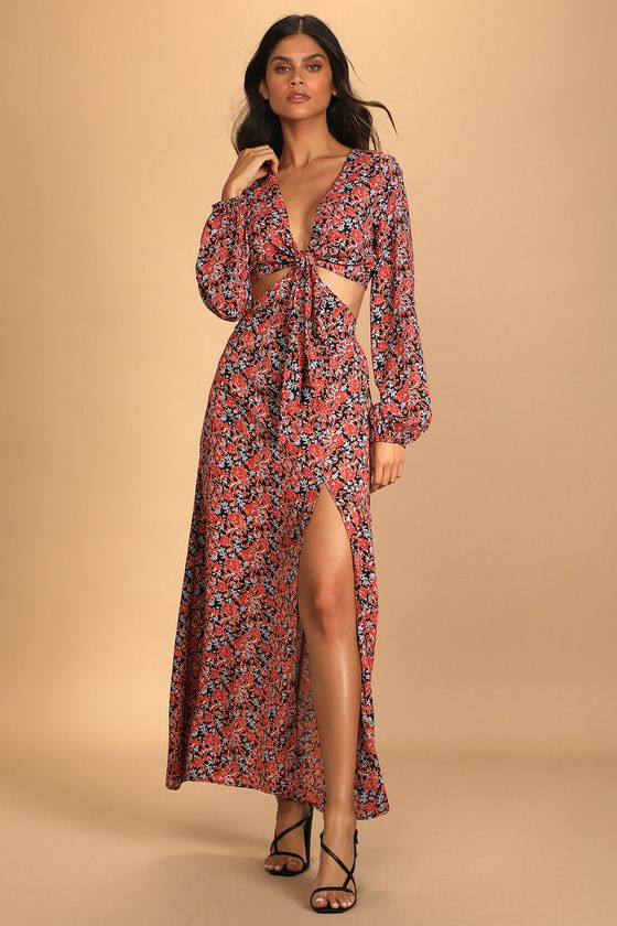 Bloom Ready Black Floral Print Cutout Long Sleeve Maxi Dress | Lulus (US)