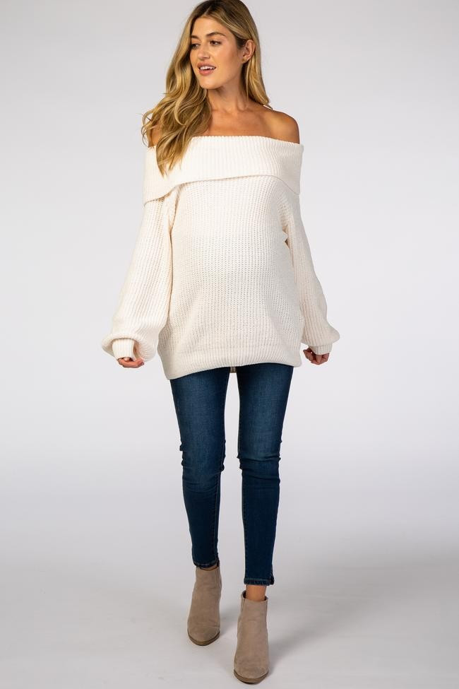 Ivory Soft Chenille Off Shoulder Foldover Maternity Sweater | PinkBlush Maternity