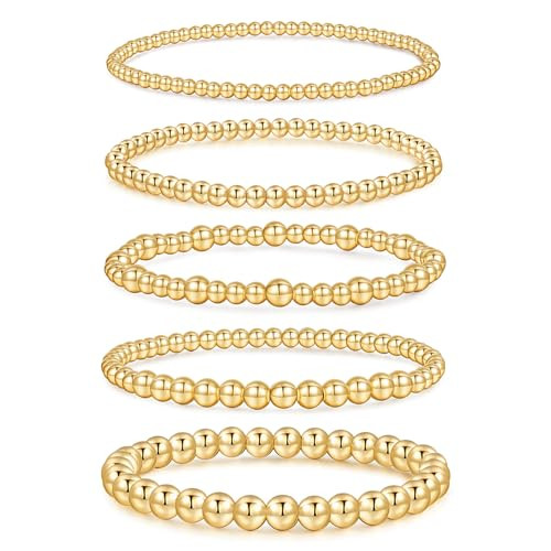 BMMYE Gold Bead Bracelets for Women, 14K Gold Plated Beaded Bracelets, Hypoallergenic Gold Stretch Bead Ball Bracelet Stack Set Gifts for Women | Amazon (US)