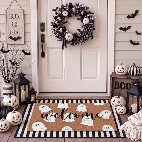 Tinideya 2 Pcs Halloween Door Mat Outdoor Cute Ghost Welcome Doormat for Front Door Non Slip Layered Ghost Coir Floor Mat Black White Stripe Halloween Rug for Outside Front Porch Entryway Decor | Amazon (US)