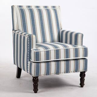 Blue Mix White Striped Linen Fabric Vintage Upholstered Accent Chair, Living Room Arm Chair with ... | The Home Depot