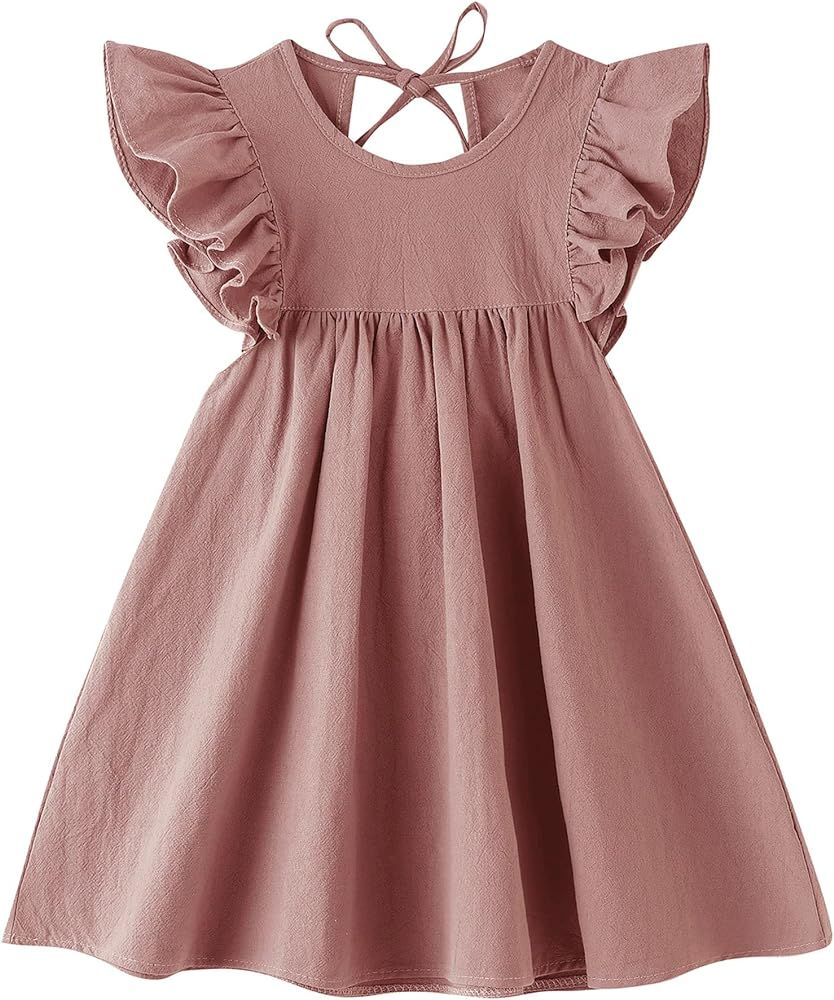 lymanchi Toddler Girl Ruffled Sleeve Dress Cotton Linen Halter Sleeveless Kid Casual Summer Sundr... | Amazon (US)