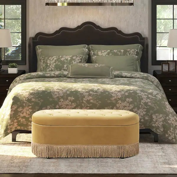 Melinda 48.5" Upholstered Tufted Oval Storage Bench with Bullion Fringe - Bed Bath & Beyond - 408... | Bed Bath & Beyond