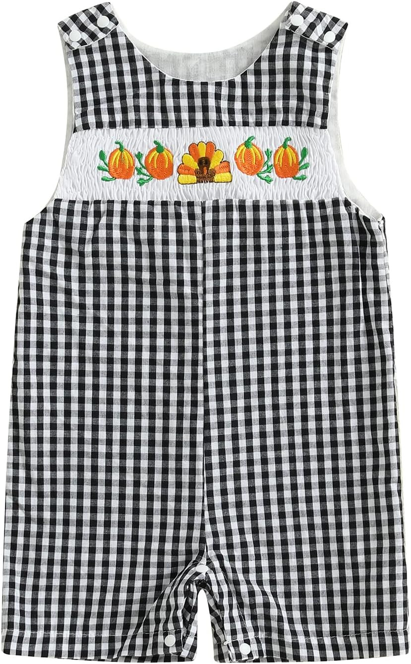 Thanksgiving Baby Boy Girl Outfit Turkey Pumpkin Overall Smocked Romper Newborn Plaid Jumpsuit Infant Fall Clothes | Amazon (US)