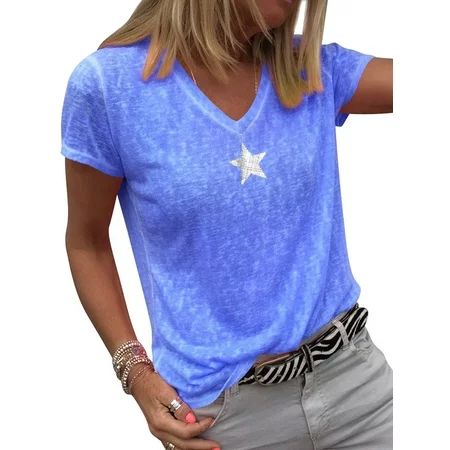 ZXZY - ZXZY Women V Neck Short Sleeve Star Print Casual T Shirt Blouse - Walmart.com | Walmart (US)