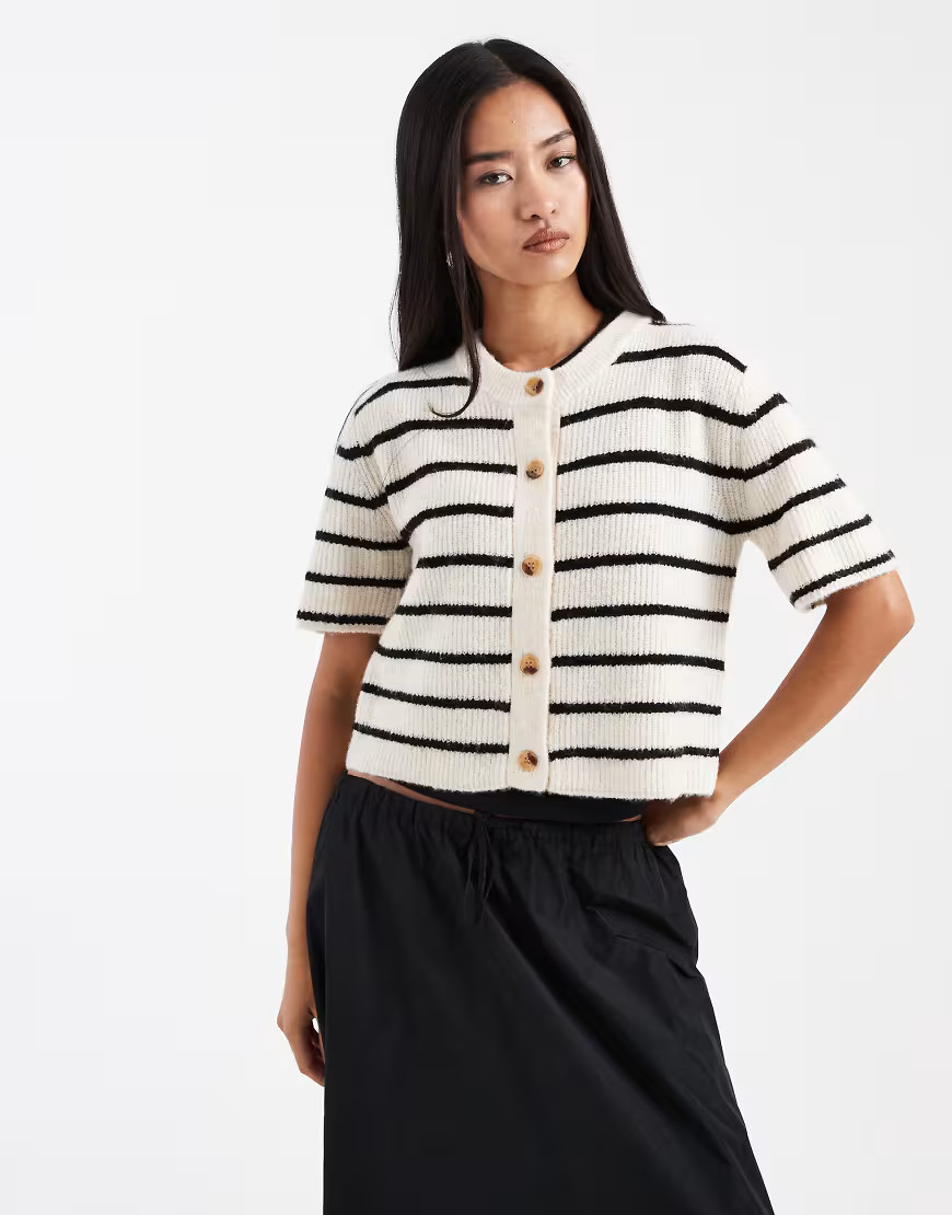 Brave Soul crew neck knitted short sleeve cardigan in black and ivory stripe | ASOS (Global)
