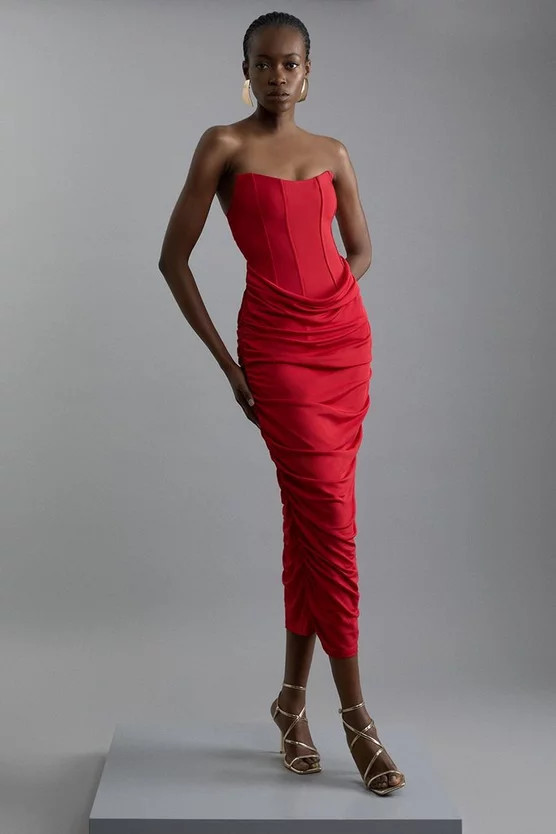 Petite Premium Viscose Jersey Corset Midi Dress | Karen Millen UK + IE + DE + NL
