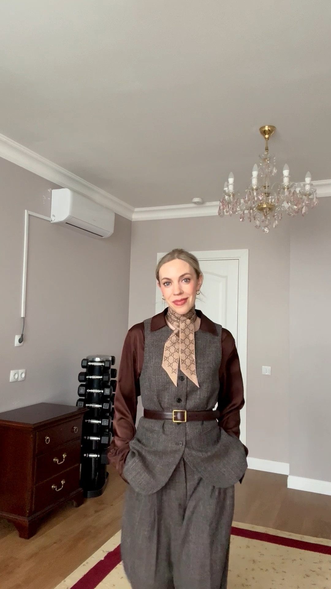 Work wear look, office style, tweed vest pants set, Gucci silk scarf, chocolate brown leather waist belt, chocolate brown kitten heel boots 

#LTKWorkwear #LTKOver40 #LTKootd